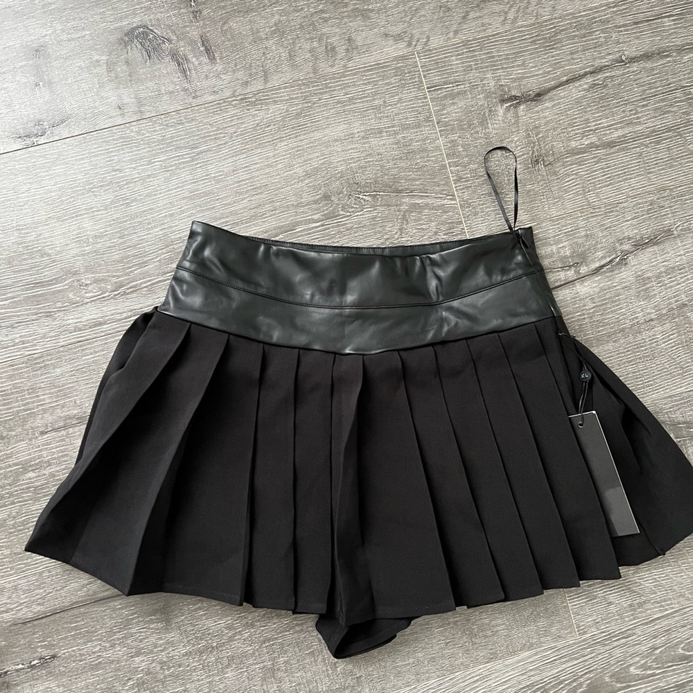 Black Pleated Skort with Faux Leather Waistband